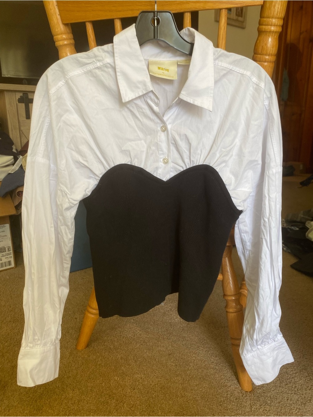 Maeve Anthropologie Two-Tone Button-Down with Black Bustier Panel - White/Black